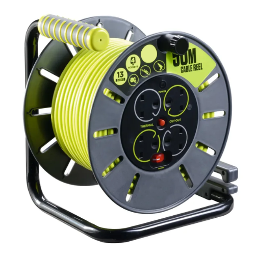 Power Cord 50m Cable Reel with 4 Sockets & Safety Cut-Out (ASA, CE Approved)