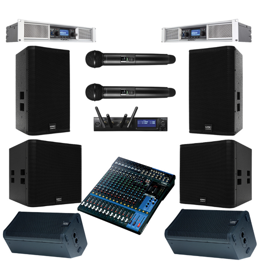QSC Auditorium Sound System with E Series Speakers, Subwoofers, Yamaha Mixer & Wireless Mics