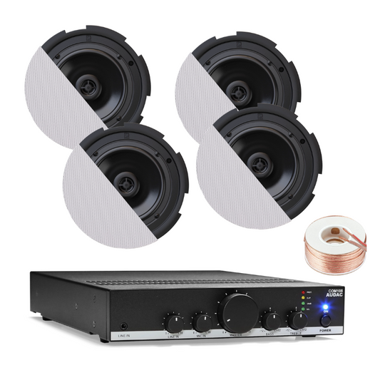 Ceiling Sound System with 4 Audac CIRA7 Ceiling Speaker & COM108 80W Amplifier (White)