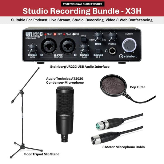 Studio-Recording-Bundle-Steinberg-UR22C-Audio-Interface-Audio-Technica-AT2020-Mic-X3H