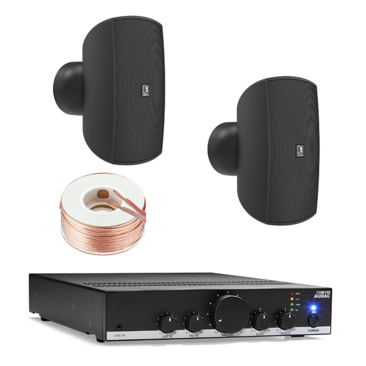 Audac 2 ATEO4M Wall Speaker (Black) with COM108 Amplifier Sound System Bundle (For Small Cafe or Shops)