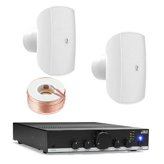 Audac 2 ATEO4M Wall Speaker (White) with COM108 Amplifier Sound System Bundle (For Small Cafe or Shops)