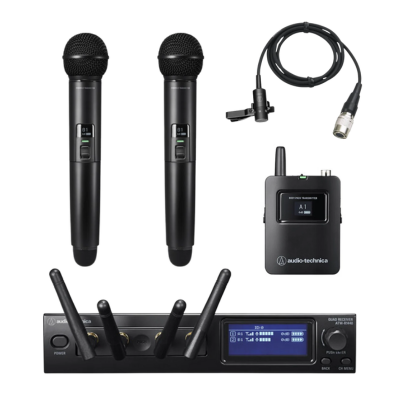 Audio-Technica ATW-1422 + AT831cW System 20 PRO 3-Person Digital Wireless Combo Microphone System with 2 Handheld & 1 Lavalier/ Clip-on Bodypack Transmitters