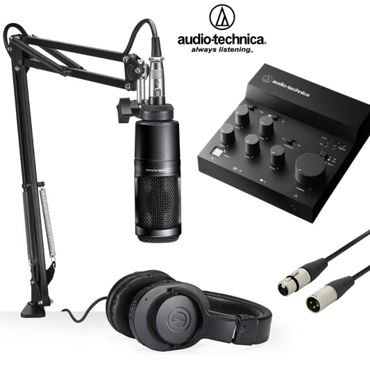 Audio-Technica Live Streaming & Podcasting Bundle - AT2020, ATH-M20x, AT-UMX3, AT8700, 4.5m XLR Cable