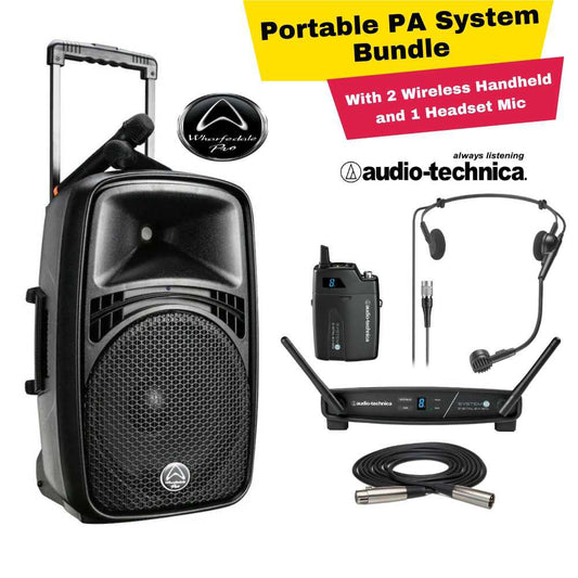 Wharfedale Pro EZ-15A 150W Portable PA Speaker with Audio Technica Wireless Headset Microphone Bundle