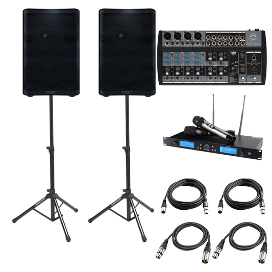 QSC CP8 1000W 8" Powered Active PA Speaker Bundle with Connect 1202FX mixer and Wharfedale Pro Wireless Microphone System