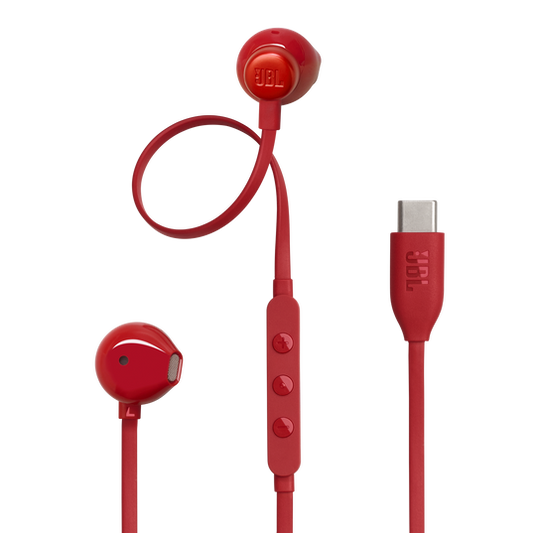 JBL Tune 305C USB-C Wired Earbud Headphones with Hi-Res Audio and Pure Bass Sound (Red)