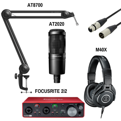 Live Streaming & Podcasting Bundle - Audio-Technica AT2020 XLR Mic, ATH-M40x Headphones, AT8700 Boom Arm, Focusrite 2i2 Interface & XLR Cable