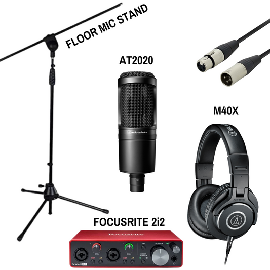 Live Streaming & Podcasting Bundle - Audio-Technica AT2020 XLR Mic, ATH-M40x Headphones, Focusrite 2i2 Interface, XLR Cable & Floor Stand