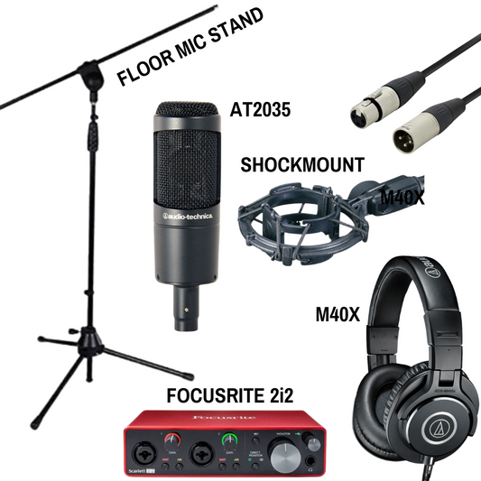 Live Streaming & Podcasting Bundle - Audio-Technica AT2035 XLR Mic, ATH-M40x Headphones, Focusrite 2i2 Interface, XLR Cable & Floor Stand