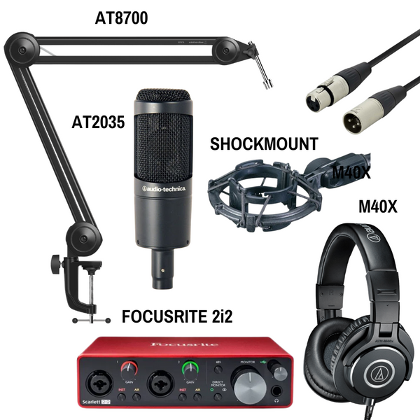 Live Streaming & Podcasting Bundle - Audio-Technica AT2035 XLR Mic, ATH-M40x Headphones, AT8700 Boom Arm, Focusrite 2i2 Interface & XLR Cable