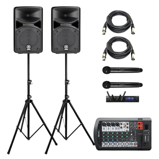 Live band Sound System Bundle- Yamaha STAGEPAS 400BT PA System with Audio-Technica ATW-1422 Wireless Mic, Speaker Stands, and 3m XLR Cables