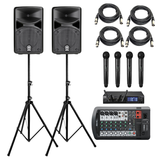 Live band Sound System Bundle- Yamaha STAGEPAS 400BT PA System with ew  Audio-Technica ATW-1444 System 20 PRO Quad Wireless Mic, Speaker Stands, and 2m XLR Cables