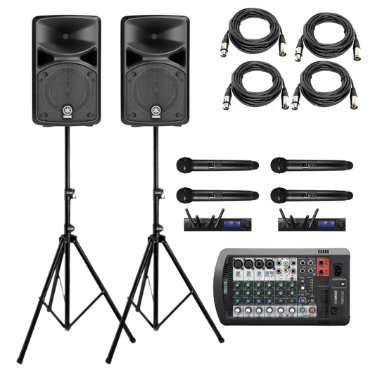 Live band Sound System Bundle- Yamaha STAGEPAS 400BT PA System with Audio-Technica ATW-1422 Wireless Mic, Speaker Stands, and 2m XLR Cables