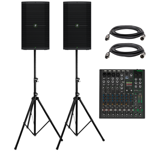 Live Sound System Package with 2 MackieThump212 2-channel 1,400-watt 12" Powered Speakers with Mackie ProFX10v3+ 10-channel Mixer with USB and Effects
