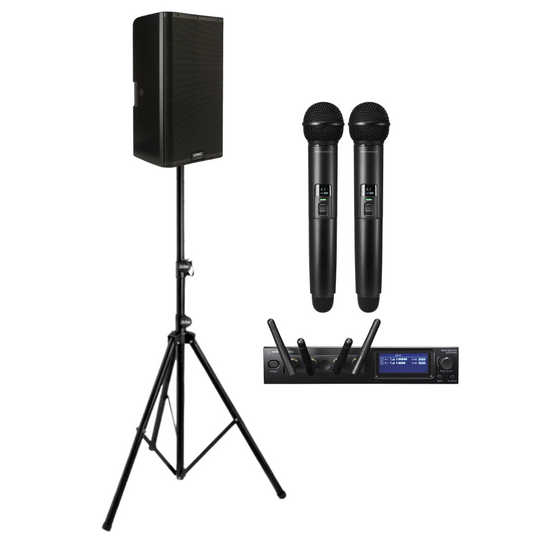 QSC K12.2 Active 12" Powered 2000W Speaker with Audio-Technica Dual Handheld Wireless Microphone Auditorium Sound System Bundle