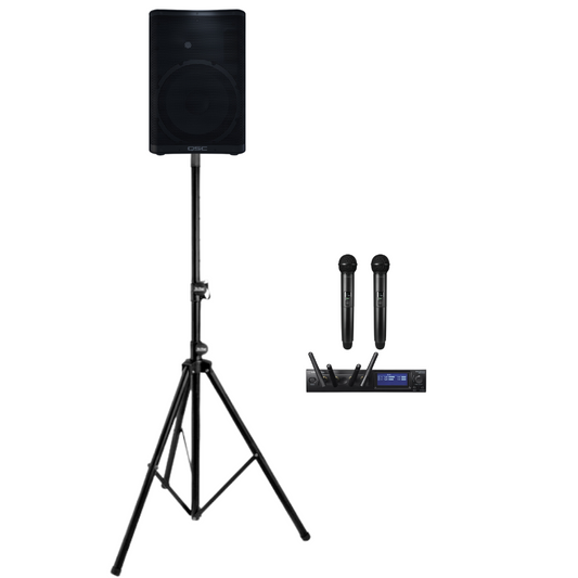 QSC CP12 1000W Powered Speaker with Audio-Technica Dual Handheld Wireless Microphone Bundle