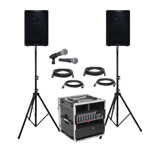 QSC Live Sound System with CP12 12" Powered Loudspeakers, Bluetooth Mixer & 2 Mics