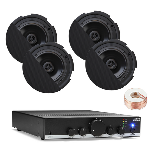 Ceiling Sound System with 4 Audac CIRA7 Ceiling Speaker & COM108 80W Amplifier (Black)