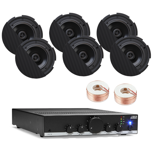 Ceiling Sound System with 6 Audac CIRA7 Ceiling Speaker & COM108 80W Amplifier for Larger Spaces (Black)