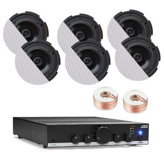 Ceiling Sound System with 6 Audac CIRA7 Ceiling Speaker & COM108 80W Amplifier for Larger Spaces (White)
