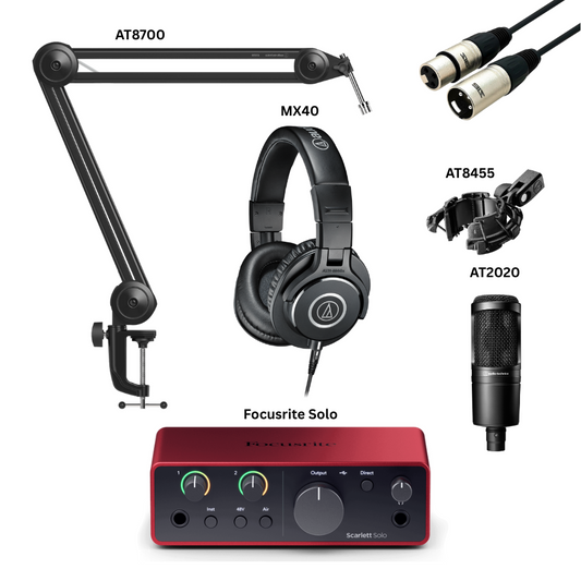 Live Streaming & Podcasting Bundle - Audio-Technica AT2020 XLR Mic, ATH-M40x Headphones, AT8700 Boom Arm, Focusrite Solo Interface & XLR Cable, and Free Shock Mount AT8455