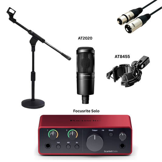 Live Streaming & Podcasting Bundle - Audio-Technica AT2020 XLR Mic, Focusrite Solo Interface & XLR Cable, and Free Shock Mount AT8455