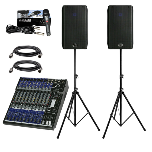 Speaker Bundle: Wharfedale Pro SL824 USB Mixer, Typhon AX12BT Speakers, Stands, XLR Cables, DM5.0s Mic