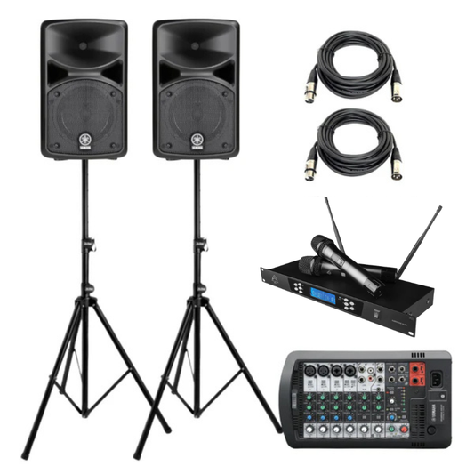 Live Band Sound System Bundle - Yamaha STAGEPAS 400BT PA System with Wharfedale Pro Aeroline Duet H Dual Wireless Microphones, Speaker Stands & 3m XLR Cables