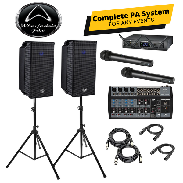 Wharfedale Pro Typhon AX8-BT PA Speaker Bundle with Connect 1202FX mixer and Audio Technica Wireless Microphone System